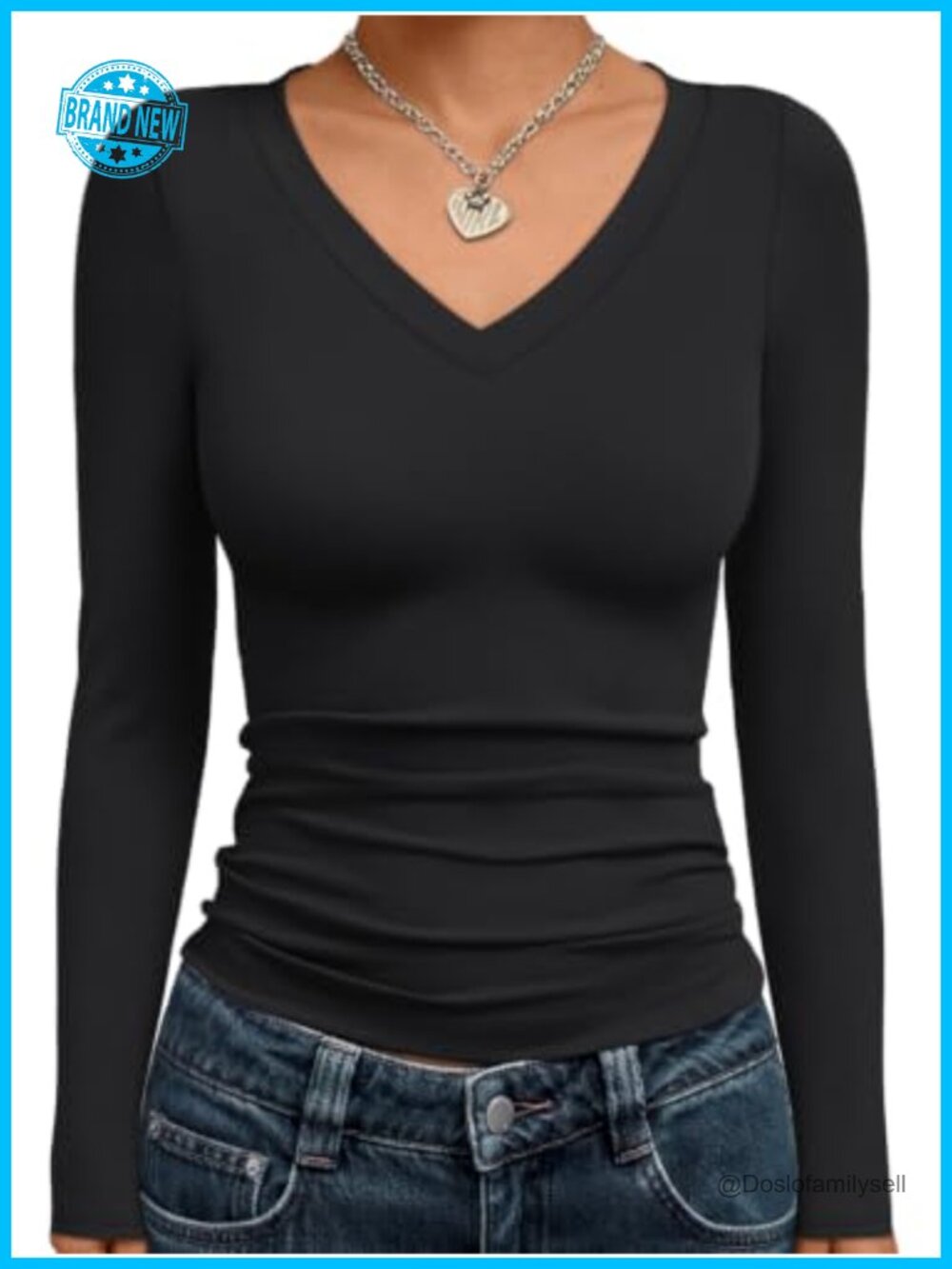 Womens Long Sleeve V Neck Crop Top Slim Fit Stretch Casual Y2K Basic Tee